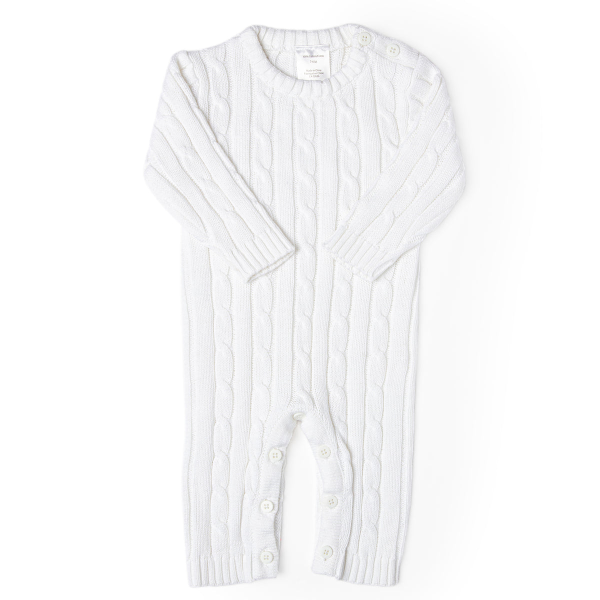 Baby Mode Signature Baby Boys and Baby Girls Long Sleeved White Cable Knit Romper, 0-3M