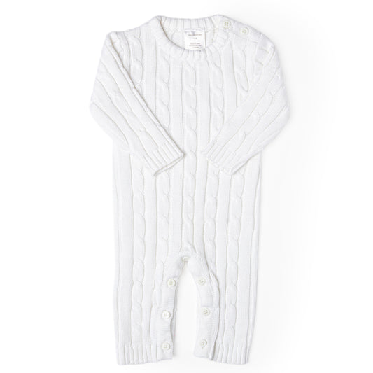 Baby Mode Signature Baby Boys and Baby Girls Long Sleeved White Cable Knit Romper, 0-3M