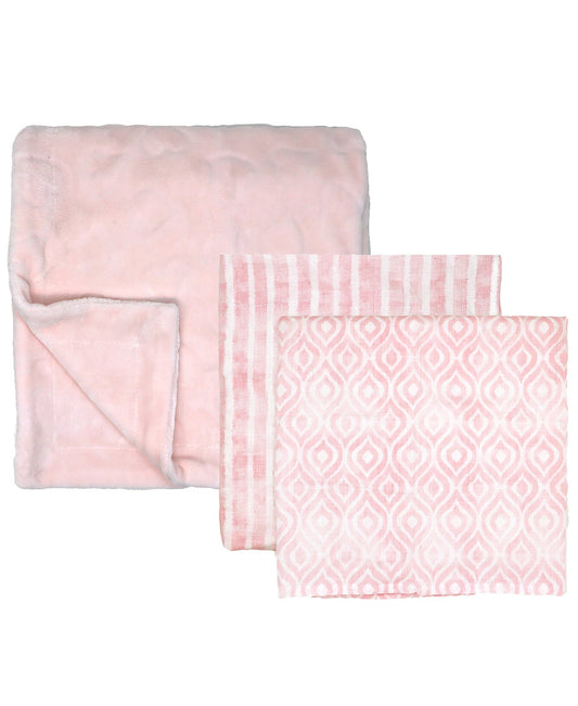 Amor Bebe Baby Boys and Baby Girls 3 Piece Luxury Plush Baby Blanket Gift Set, Pink