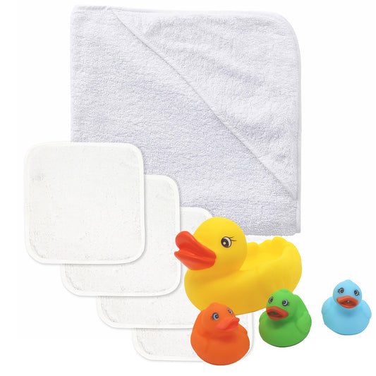 Baby Mode Baby Bath Towel, Washcloths with Bath Toys Gift Set, White