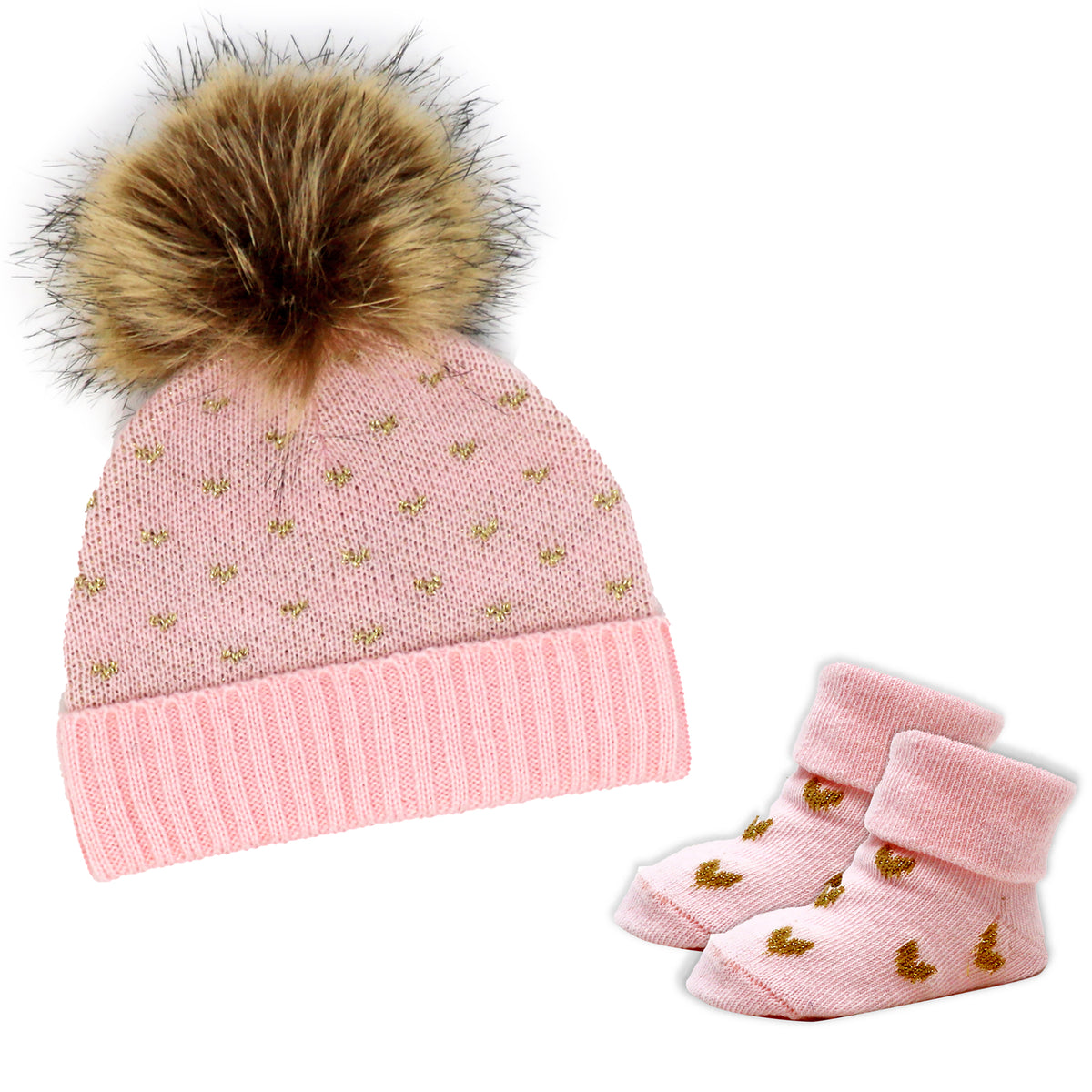 Baby Mode Signature Baby Girls 2 Piece Pom-pom Hat and Booties Outerwear Set, Pink and Golden Hearts