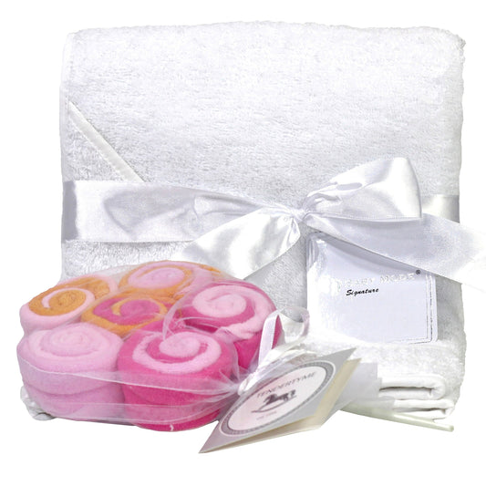 Baby Mode Baby Hooded Towel with Lollipop Washcloths Gift Set, Pink