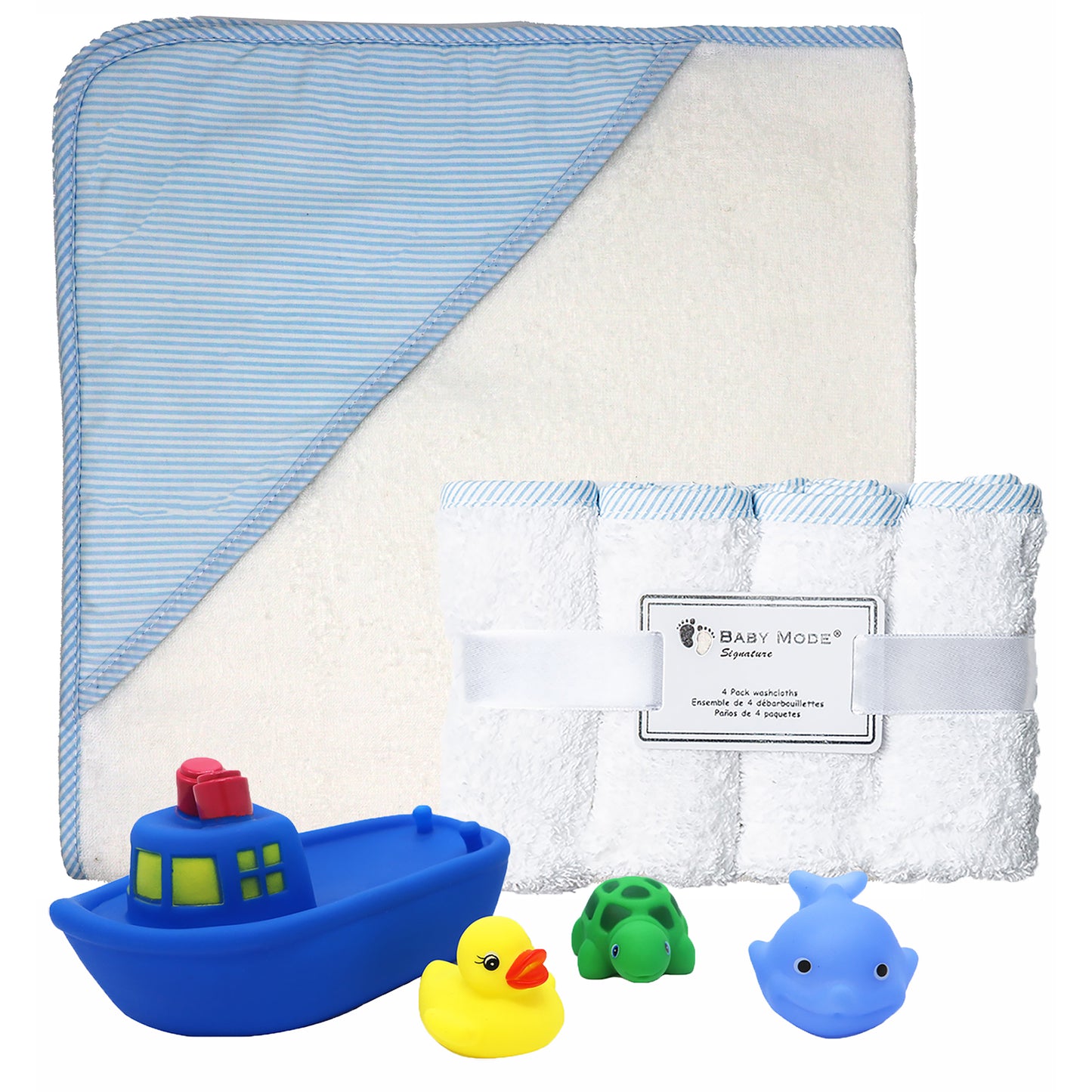 Baby Mode Baby Bath Towel, Washcloths with Bath Toys Gift Set, Blue