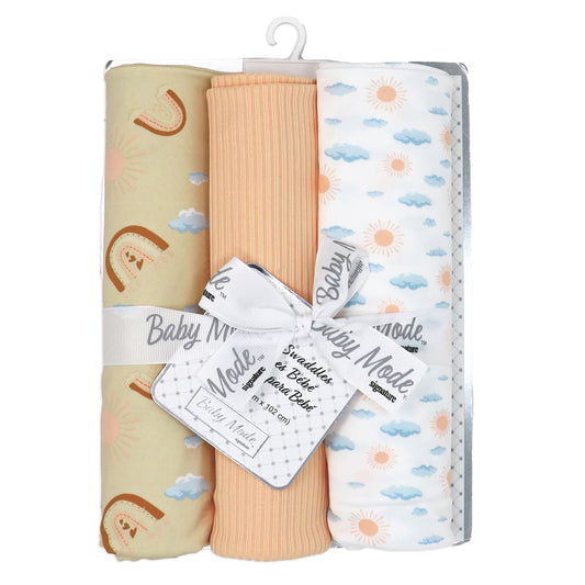Baby Mode Signature Baby Boys and Baby Girls 3 Piece Knit Swaddle Blankets, Peach Sun