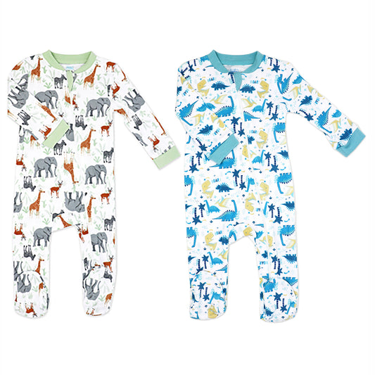 Baby Mode Baby Boys and Baby Girls 2 Pack Zippered Footies, Dino & Safari, 0-3M