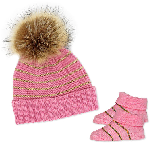 Baby Mode Signature Baby Girls 2 Piece Pom-pom Hat and Booties Outerwear Set, Berry and Gold