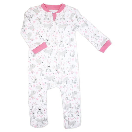 Baby Mode Baby Girls 100% Cotton Pink Bunnies Zippered Footie, 3-6M