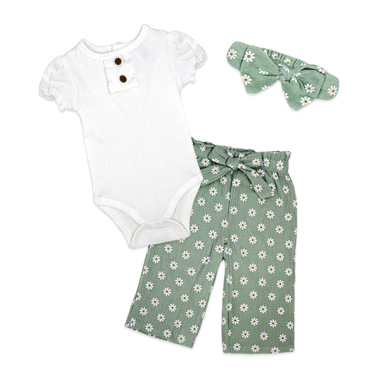 Baby Mode Baby Girls 3 Piece Breezy Daisy Bodysuit, Pants and Headband Set, Green, 12M
