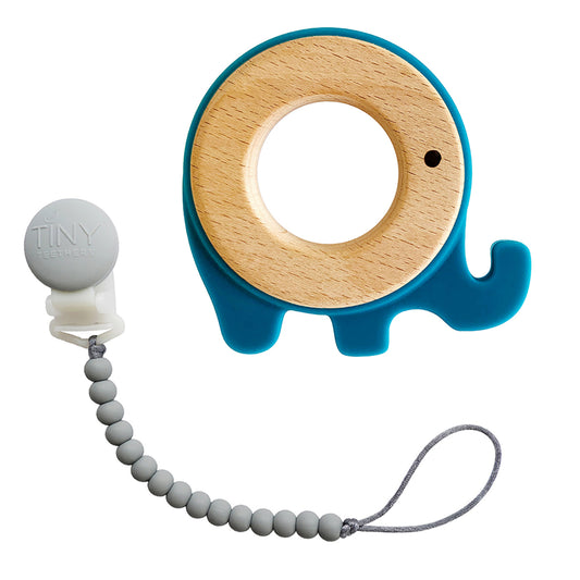 Tiny Teethers Designs Baby Boys and Baby Girls Silicone and Beechwood Teether with Matching Pacifier Clip, Teal Elephant