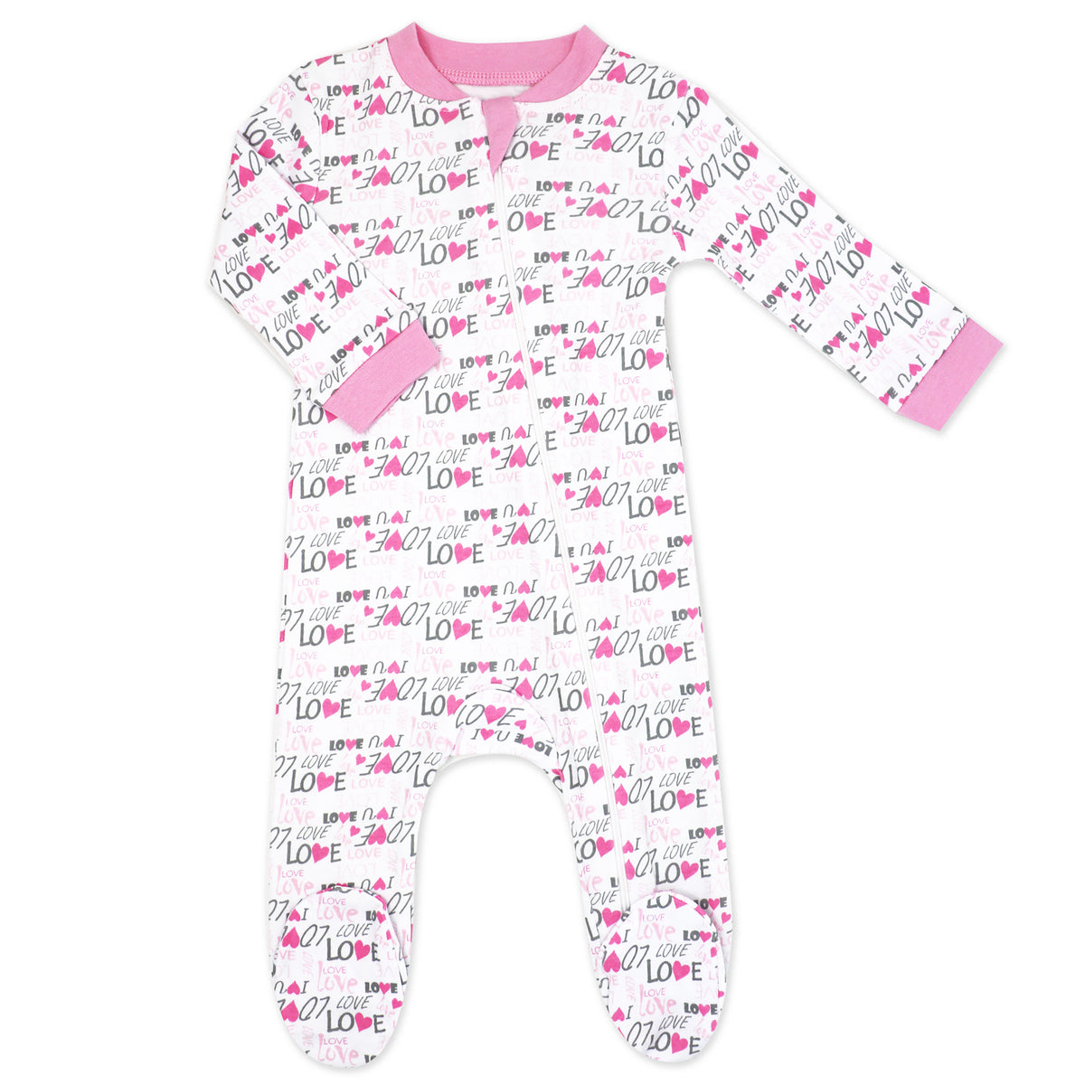 Baby Mode Baby Girls 100% Cotton Pink Love Zippered Footie, 6-9M