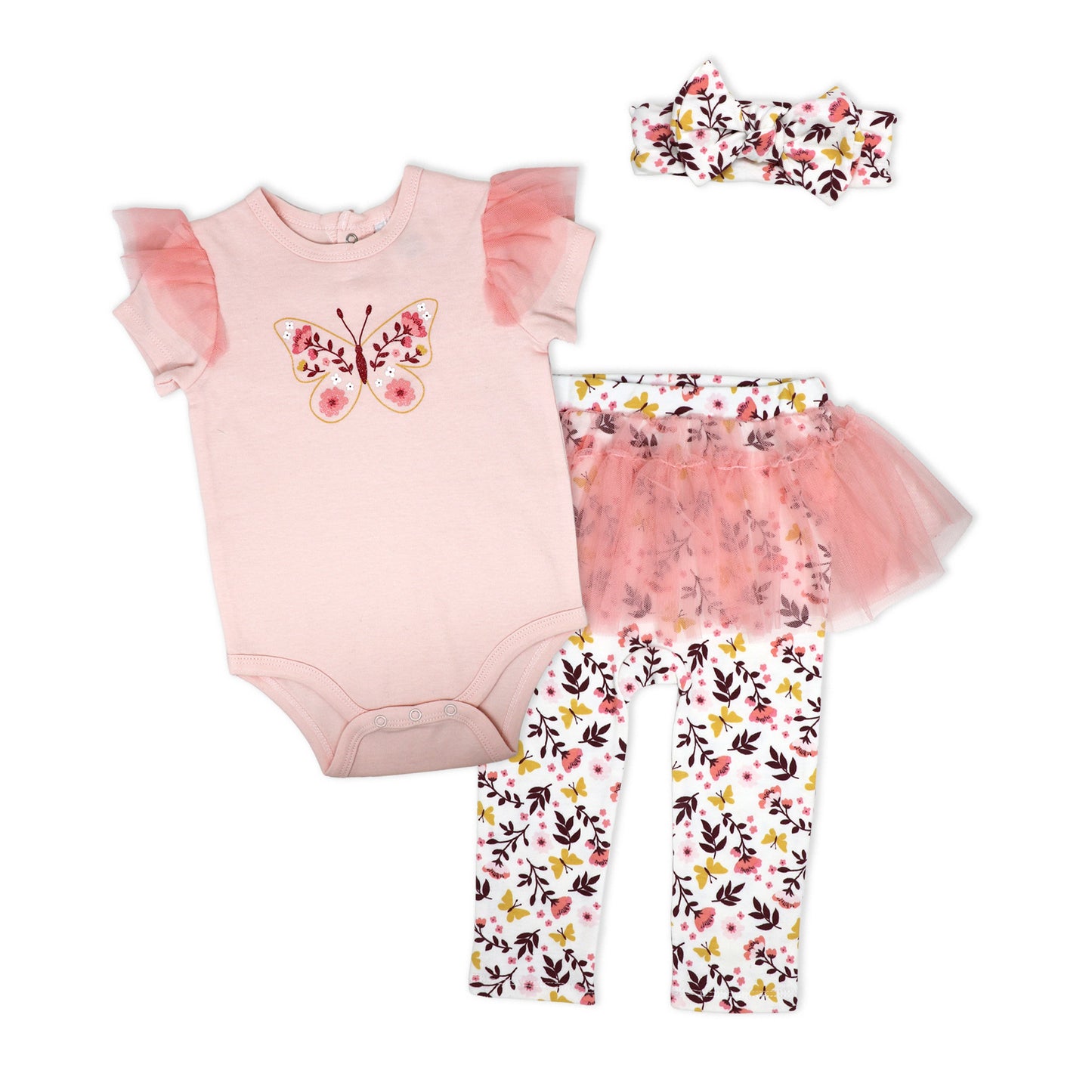 Baby Mode Baby Girls 3 Piece Butterfly Tulle Leggings Set, 3-6M