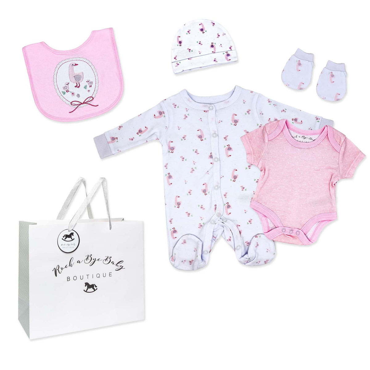 Rock A Bye Baby Boutique Girls Goose 5 Pc Layette Gift Set 0-3M