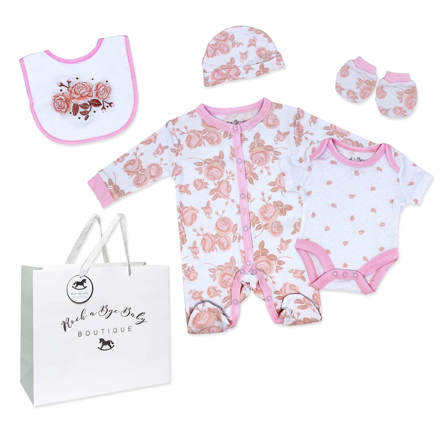Rock A Bye Baby Boutique Girls Coral 5 Pc Layette Gift Set 3-6M