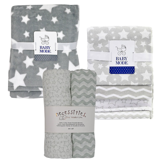 Baby Mode Baby Boys and Baby Girls Stars 7 Piece Baby Blanket Gift Set, Gray