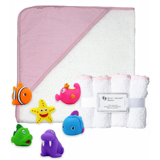 Baby Mode Baby Bath Towel, Washcloths with Bath Toys Gift Set, Pink