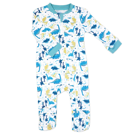 Baby Mode Baby Boys And Baby Girls 100% Cotton Aqua Dinosaur Zippered Footie, 6-9M