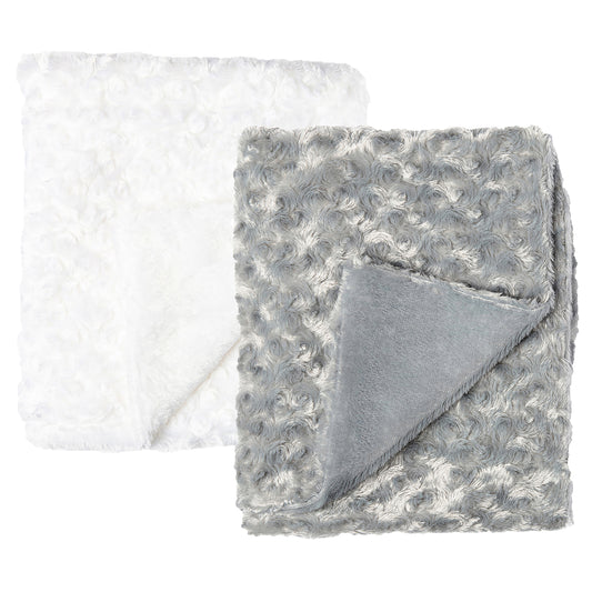 Baby Mode Baby Boys and Baby Girls 2 Pack Curly Plush Baby Blankets, White and Gray