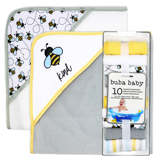 Buba Baby 2 Pack Hooded Baby Bath Towels with 10 Matching Washcloth Set, Bumble Bees