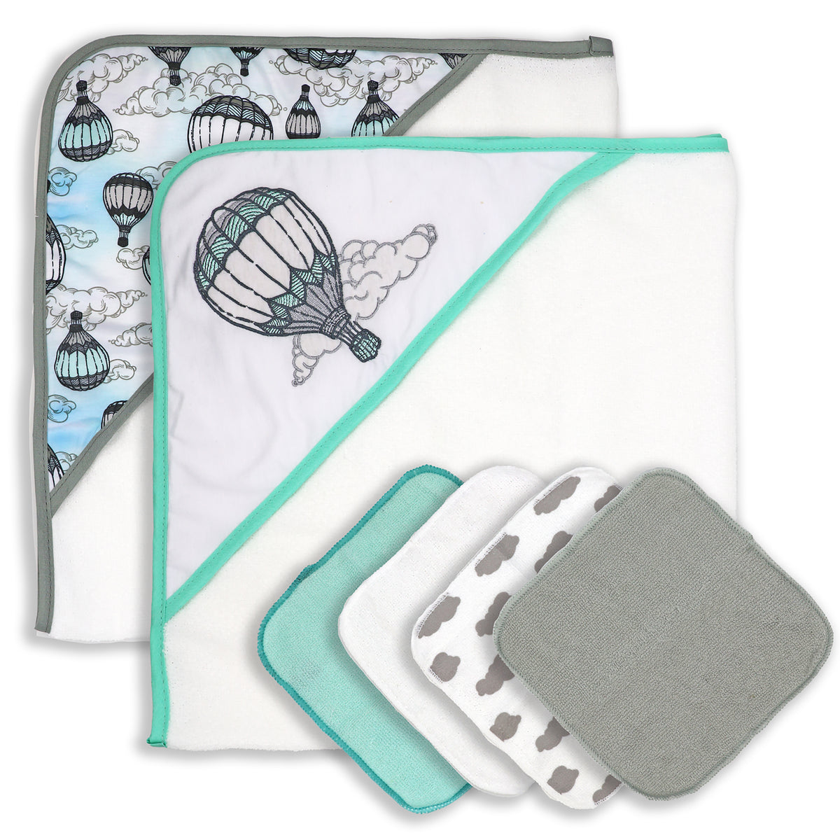 necessities by tendertyme Baby Boys and Girls 2 Pack Hot Air Balloon Hooded Towels with 4 Washcloths