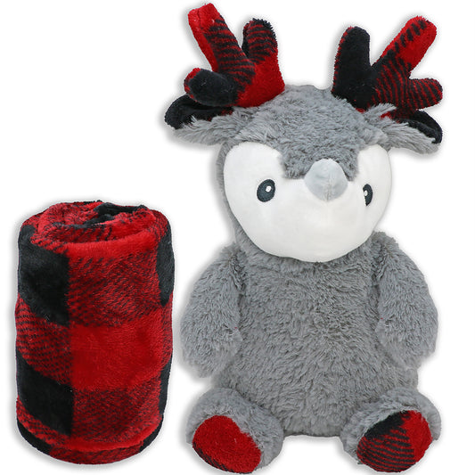 Jesse & Lulu Baby Boys and Girls Check Blanket with Reindeer Plush Toy