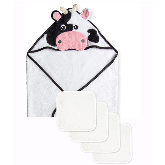 Jesse & Lulu Baby Boys and Baby Girls 4 Piece Hooded Bath Towel and Washcloth Set, Cow