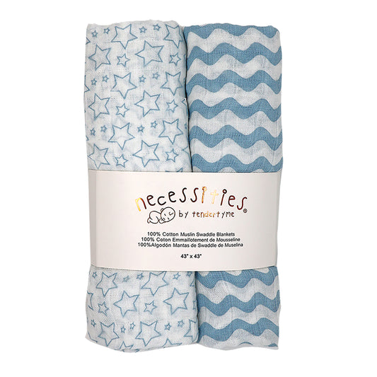 necessities by tendertyme 2 Pack Cotton Muslin Baby Swaddle Blankets, Blue Stars