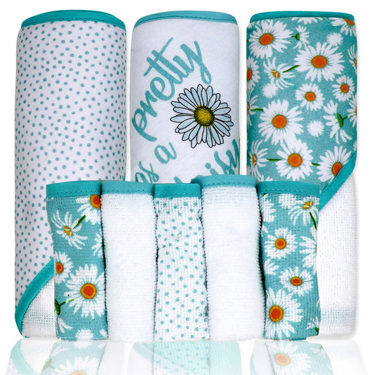 necessities by tendertyme 8 Piece Hooded Bath Towel and Washcloth Set, Daisies