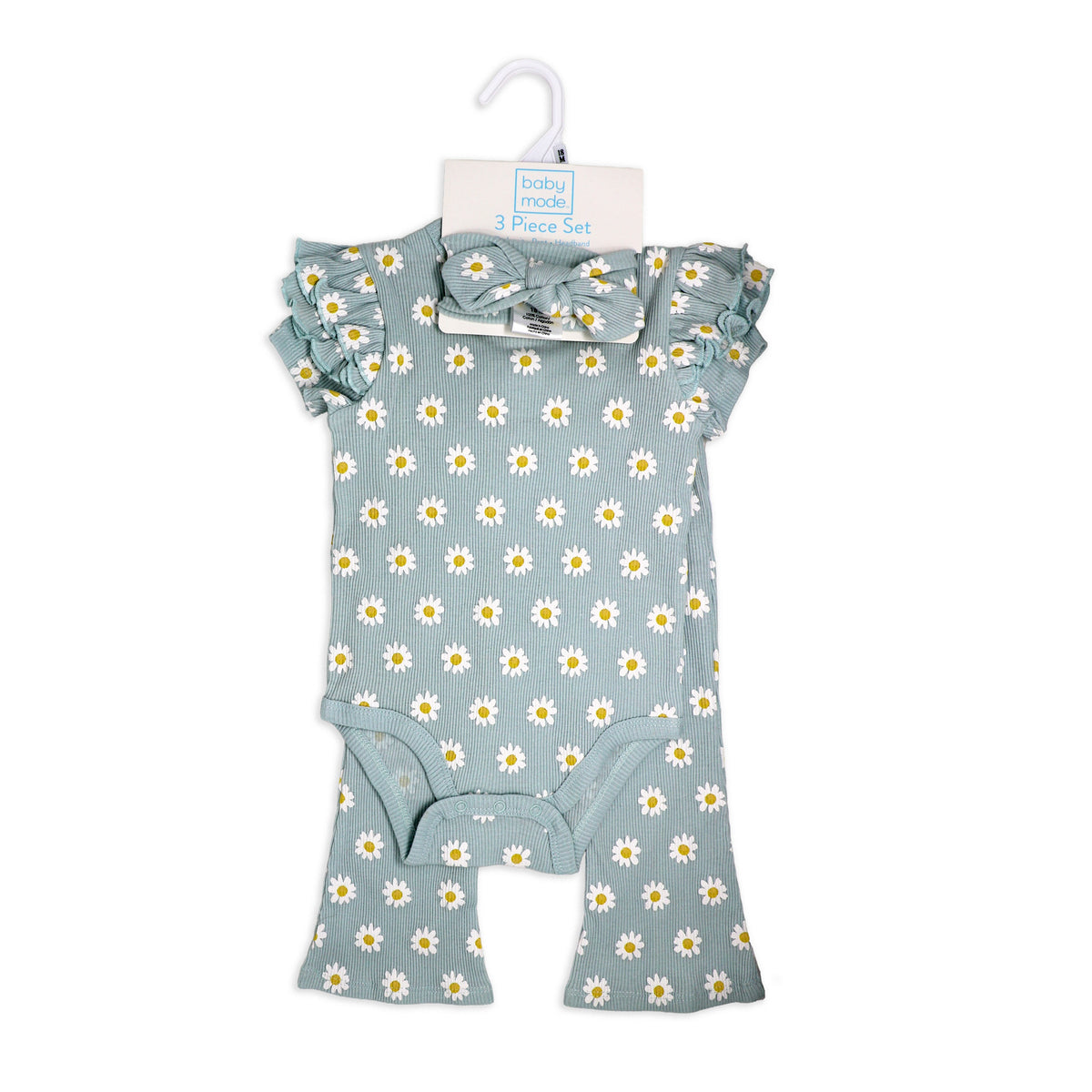 Baby Mode Baby Girls 3 Piece Blue Daisy Pants Set, 3-6M