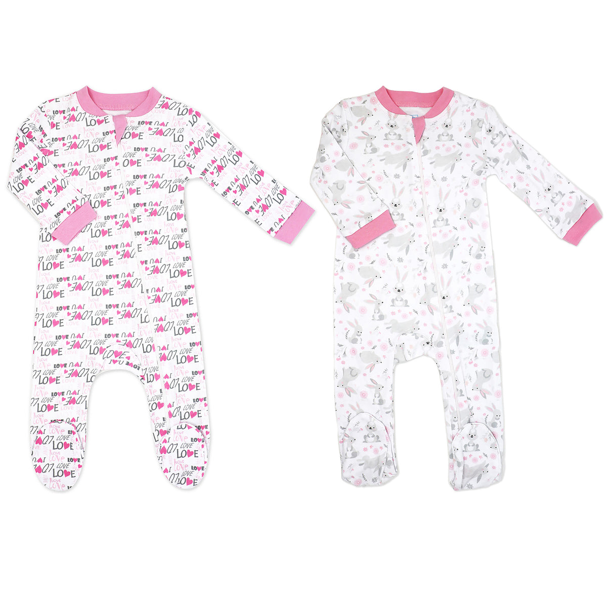 Baby Mode Baby Girls 2 Pack Zippered Footies, Pink Bunnies and Loved, 3-6M