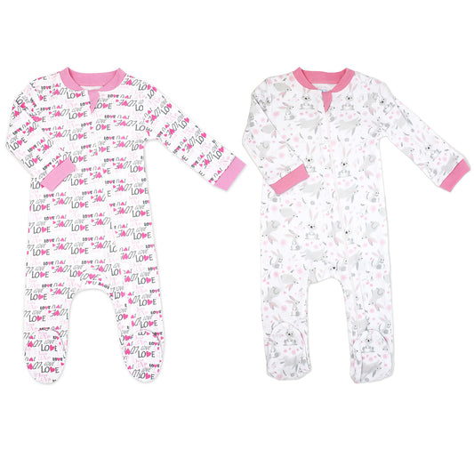 Baby Mode Baby Girls 2 Pack Zippered Footies, Pink Bunnies and Loved, 3-6M