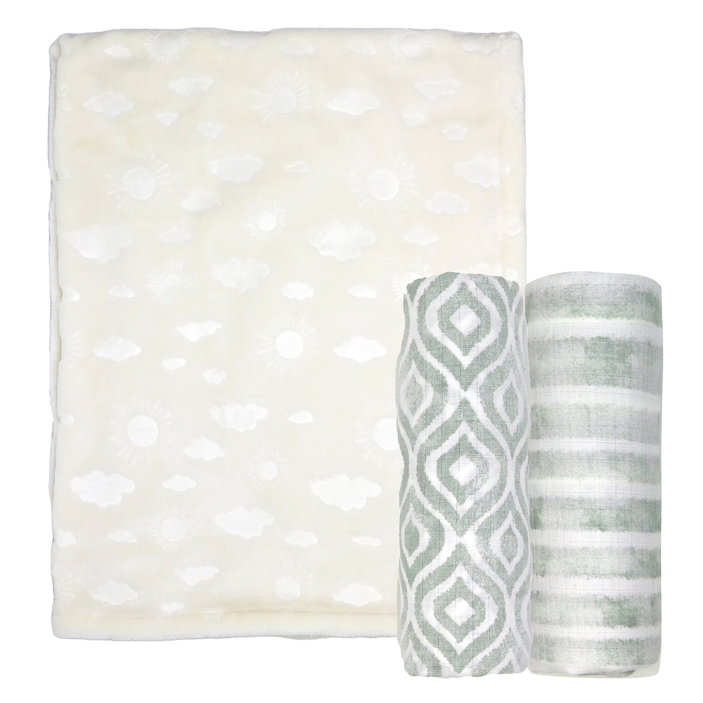 3 Stories Trading Company Baby Boys and Baby Girls 3 Piece Embossed Baby Blanket Gift Set, Ivory Suns
