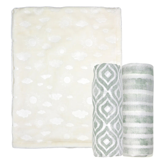 3 Stories Trading Company Baby Boys and Baby Girls 3 Piece Embossed Baby Blanket Gift Set, Ivory Suns