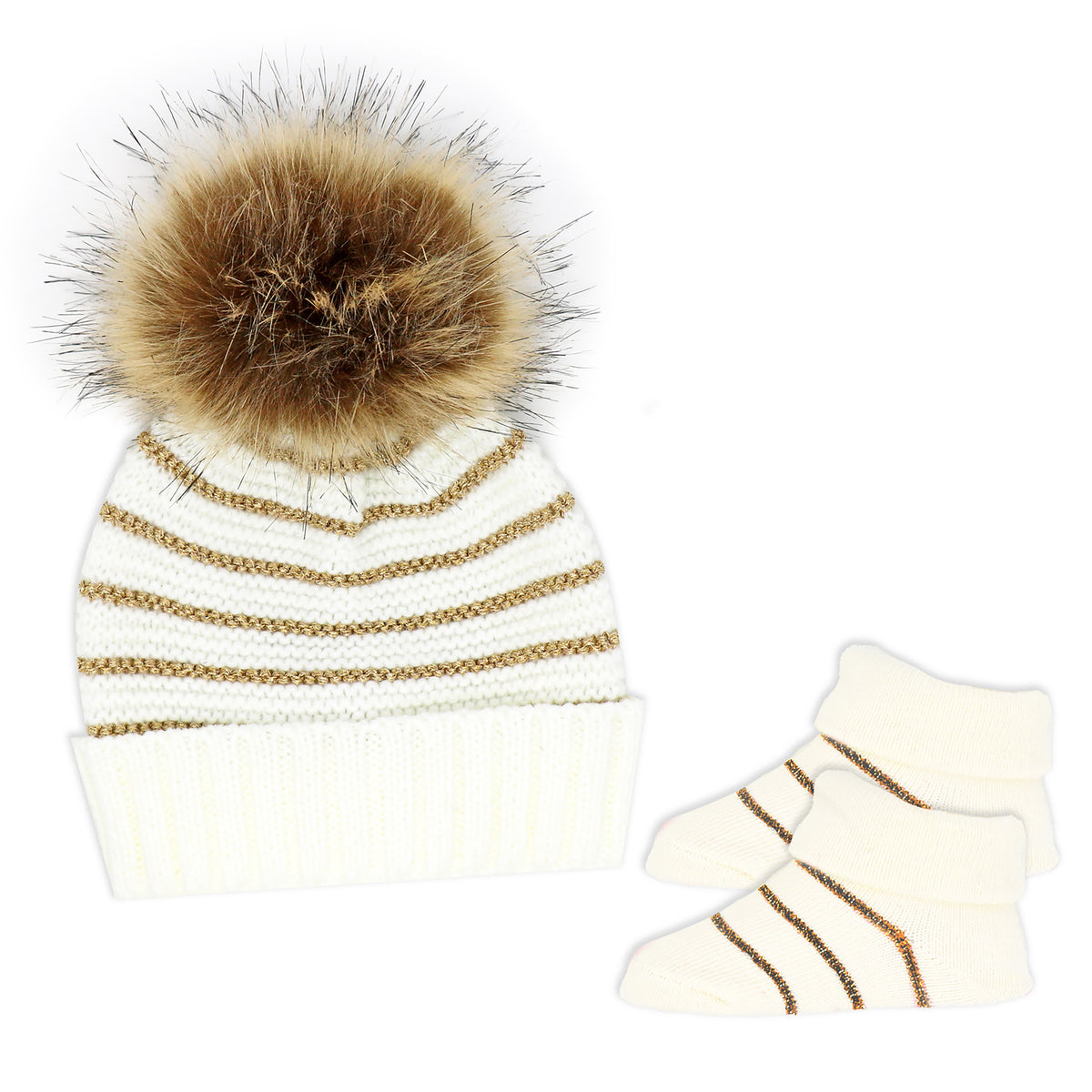 Baby Mode Signature Baby Girls 2 Piece Pom-pom Hat and Booties Outerwear Set, Oatmeal and Gold