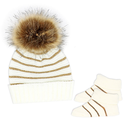 Baby Mode Signature Baby Girls 2 Piece Pom-pom Hat and Booties Outerwear Set, Oatmeal and Gold