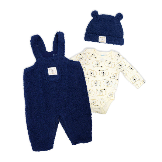 Baby Mode Baby Boys 3 Piece Faux Sherpa Bears Overall, Bodysuit, and Cap Set, 18M