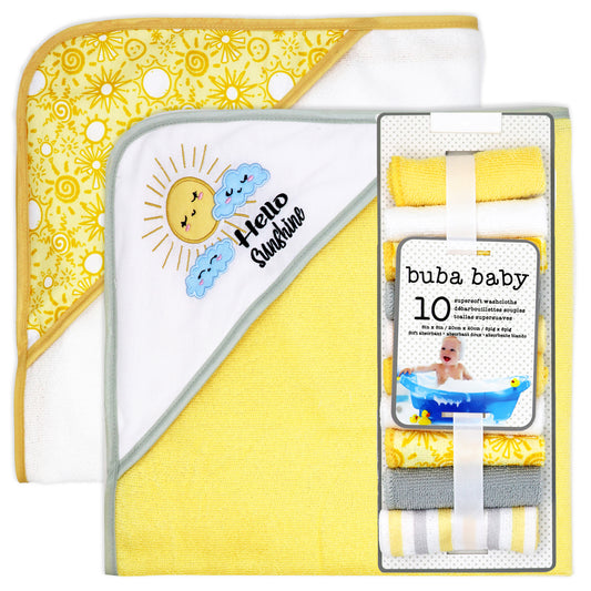 Buba Baby 2 Pack Hooded Baby Bath Towels with 10 Matching Washcloth Set, Sunshine