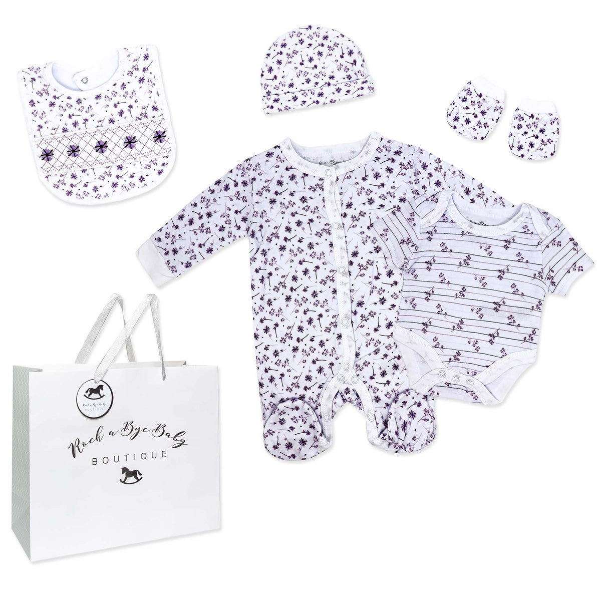 Rock A Bye Baby Boutique Girls Purple Flower 5 Pc Layette Gift Set NB