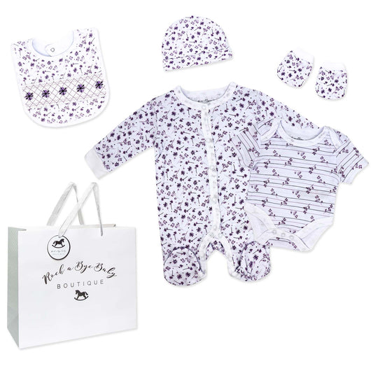 Rock A Bye Baby Boutique Girls Purple Flower 5 Pc Layette Gift Set NB