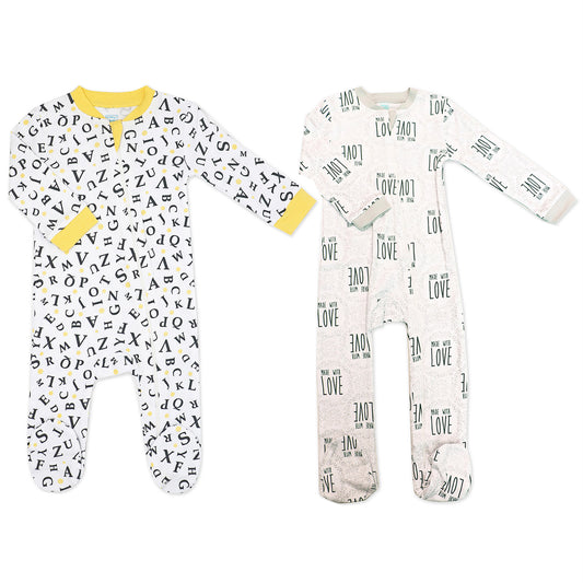 Baby Mode Baby Boys and Baby Girls 2 Pack Zippered Footies, ABCs and Made with Love, 6-9M