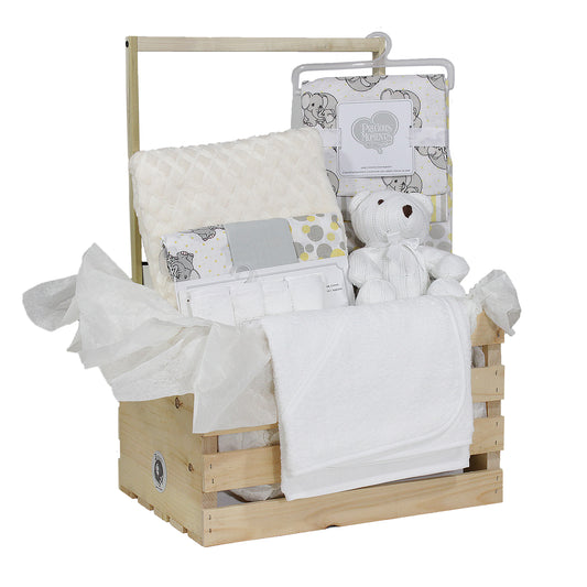 3 Stories Trading Company 16 Piece Necessities Baby Shower Wardrobe Gift Crate, Beige