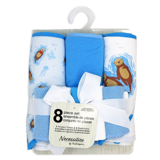necessities by tendertyme 8 Piece Hooded Bath Towel and Washcloth Set, Otters