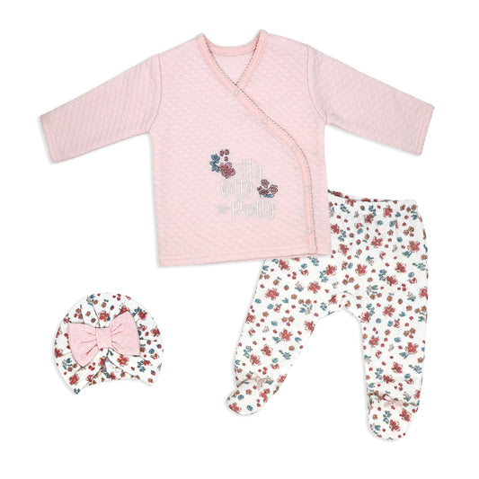 Baby Mode Baby Girls 3 Piece Lightly Quilted Itty Bitty Layette Set, Pink Floral, 3-6M