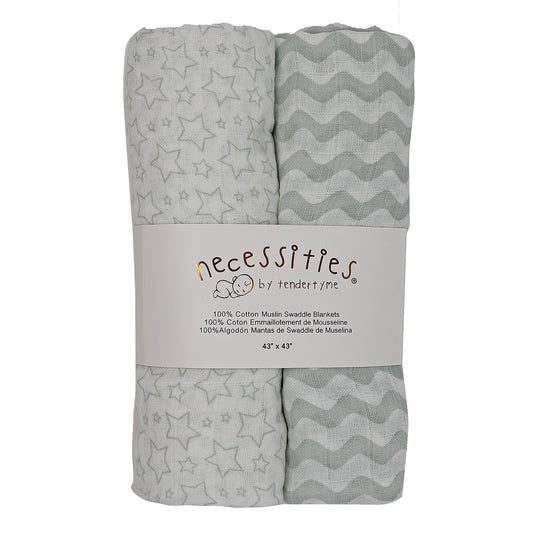 necessities by tendertyme 2 Pack Cotton Muslin Baby Swaddle Blankets, Gray Stars