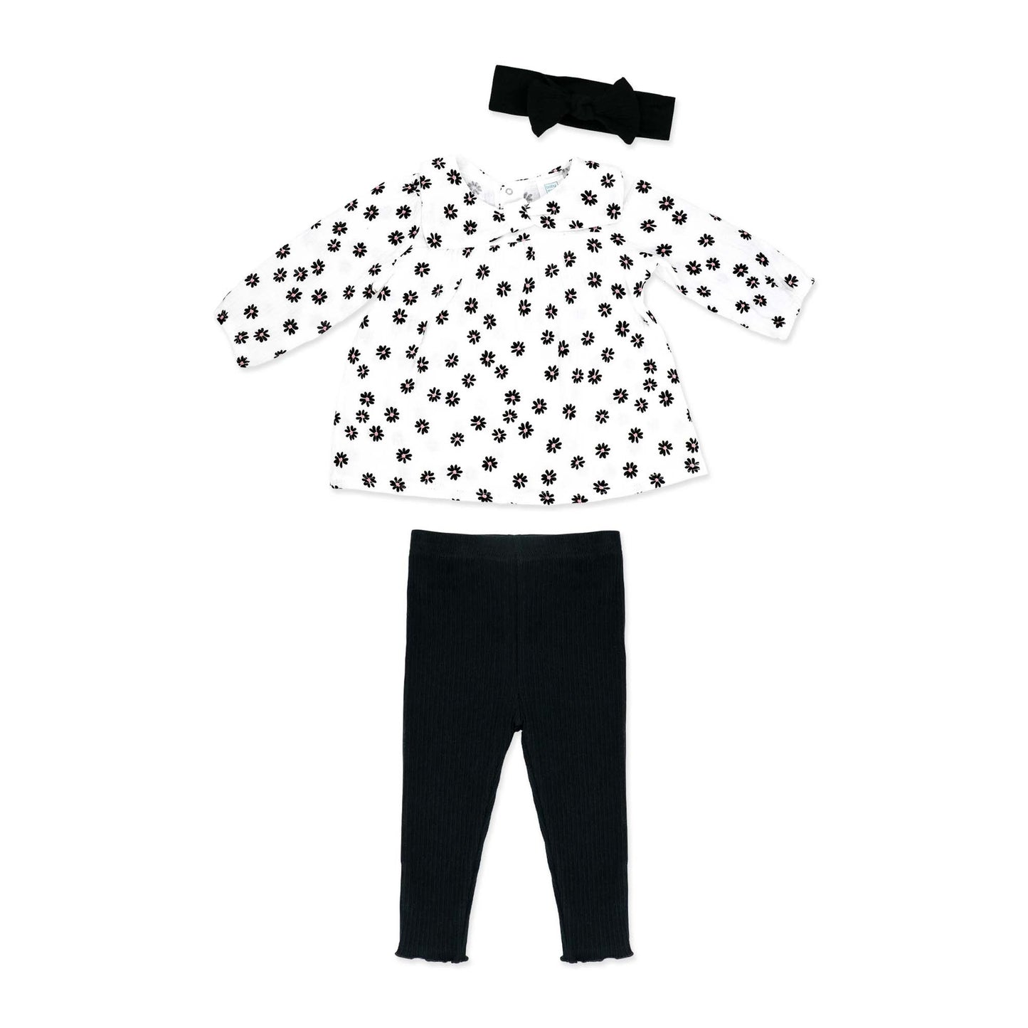 Baby Mode Baby Girls 3 Piece Black Petals Breezy Smock Top, Leggings and Headband Set, 12M