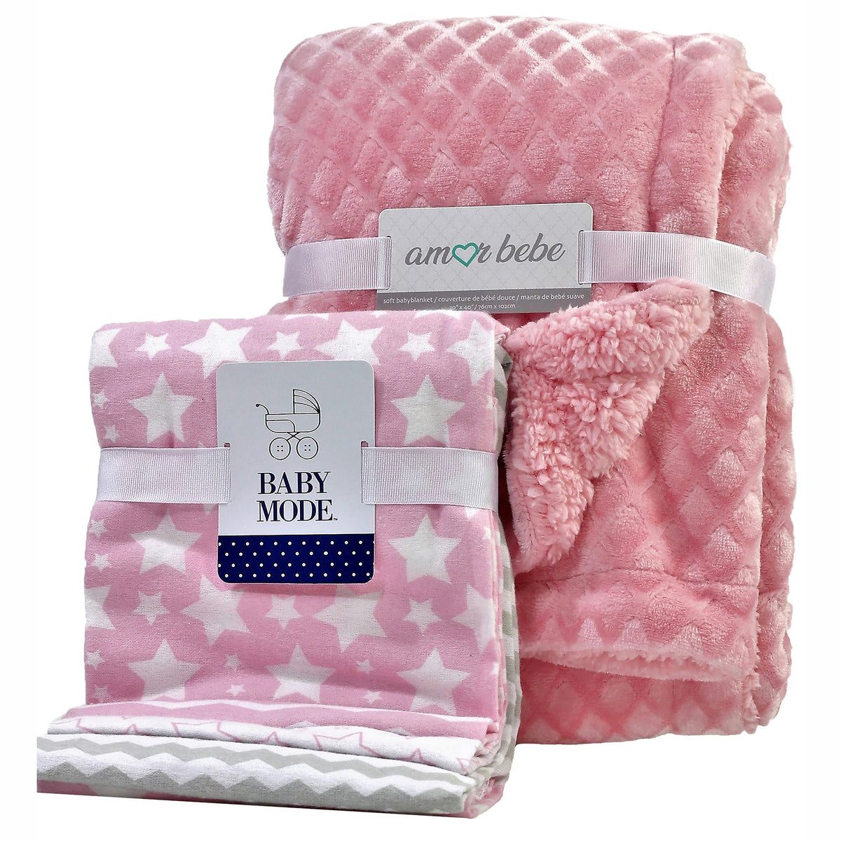 Baby Mode Baby Boy Plush Blanket and 4 Flannel Receiving Blankets Gift Set, Pink