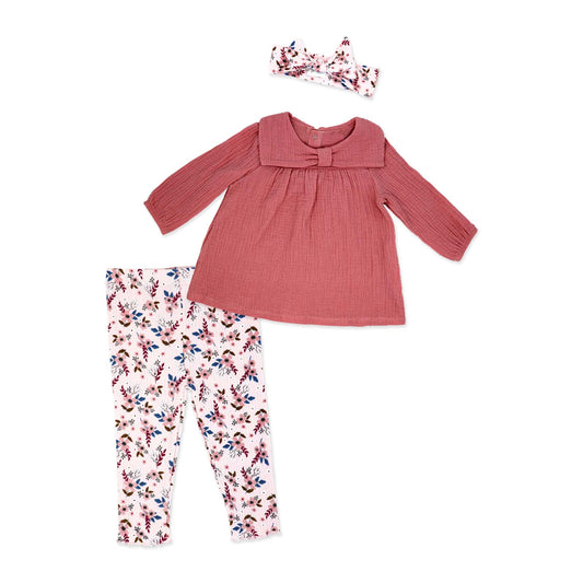Baby Mode Baby Girls 3 Piece Pink Floral Breezy Smock Top, Leggings and Headband Set, 18M