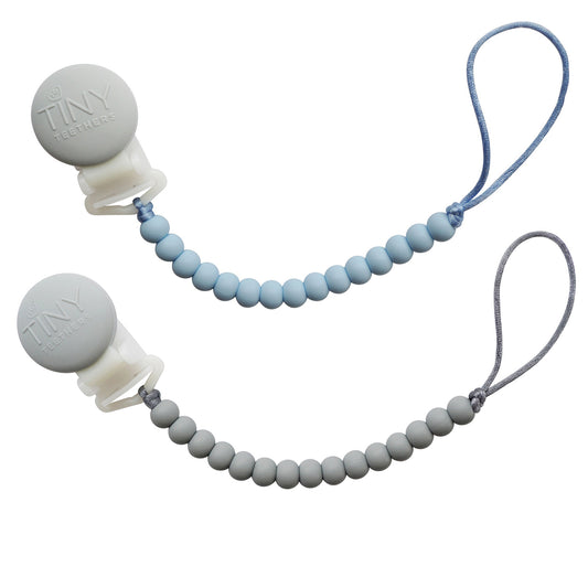 Tiny Teethers Designs Baby Boys and Baby Girls 2 Pack Signature Silicone Teether Beaded Pacifier Clip, Blue & Gray