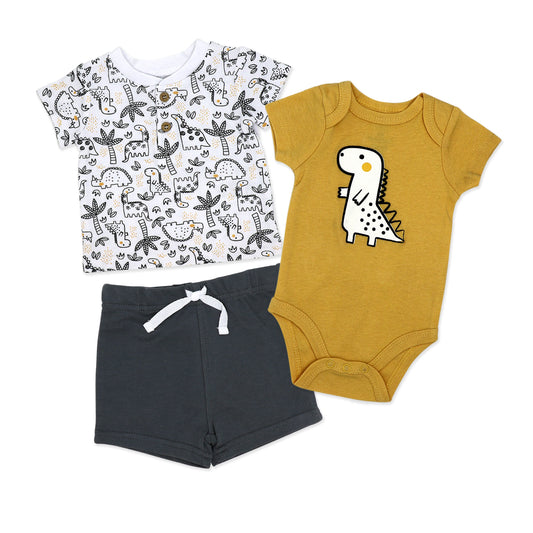 Baby Mode Baby Boys 3 Piece Dinosaur Bodysuit, Shirt, and Shorts Set, 9M