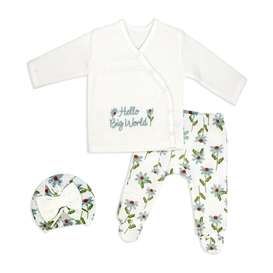 Baby Mode Baby Girls 3 Piece Lightly Quilted Hello Big World Layette Set, Cream Floral, 3-6M
